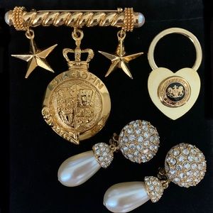 St. John Knits Vintage Gold Jewelry Lot - Earrings, Pin, Key Ring/Charm